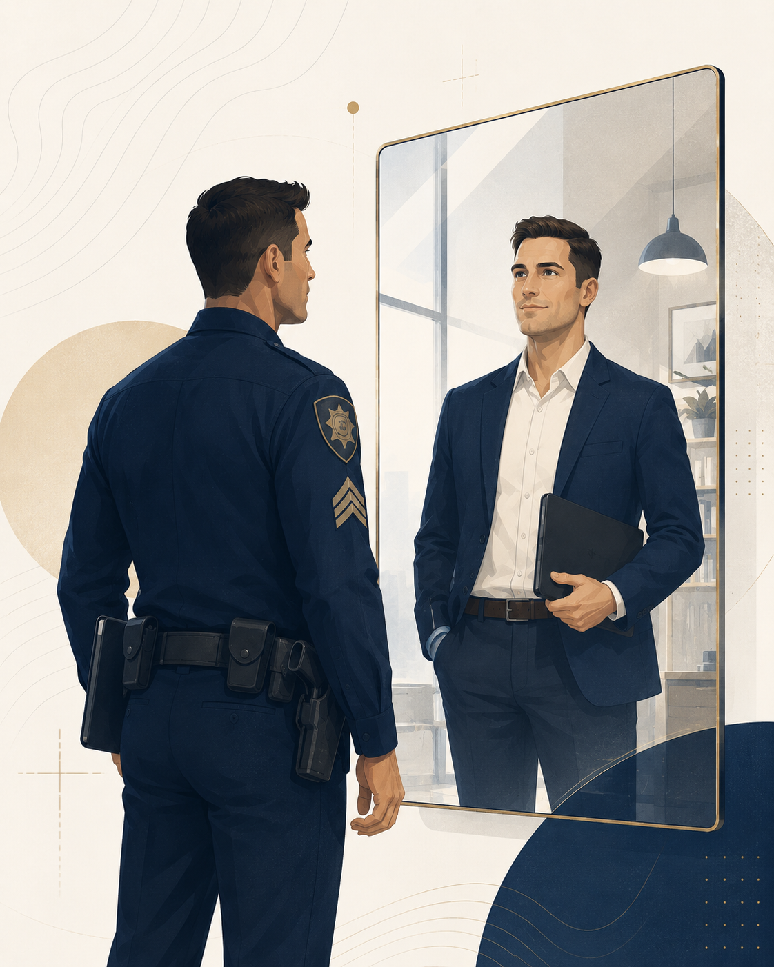First responder in uniform looking into a mirror that reflects him as a business owner holding a tablet — symbolizing the transition from service to ownership